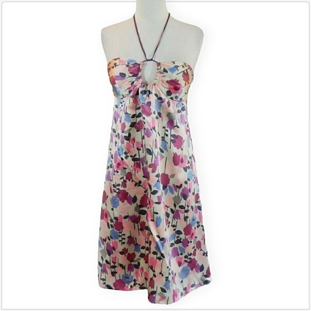 Cynthia Steffe Floral Print 100% Silk Empire Halter or Strapless Lined Dress M